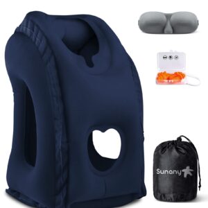 sunany travel pillow, inflatable neck pillow used for airplanes/cars/buses/trains/office napping with eye mask/earplugs (blue)