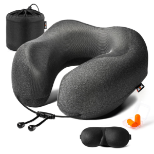 mlvoc travel pillow 100% pure memory foam neck pillow, comfortable & breathable cover, machine washable, airplane travel kit with 3d contoured eye masks, earplugs, and luxury bag, standard (black)