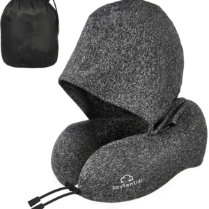 joytential travel neck pillow with large hood for long flights, privacy hooded plane pillow with skin friendly cover, memory foam, travel pillows for road trip, airplane, office rest (grey)